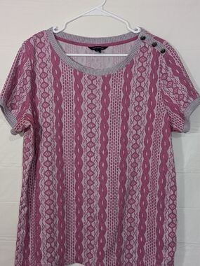 Lands’ End Pink Stripe Knit Top XL 18 Nautical Button Shoulder Short Sleeve